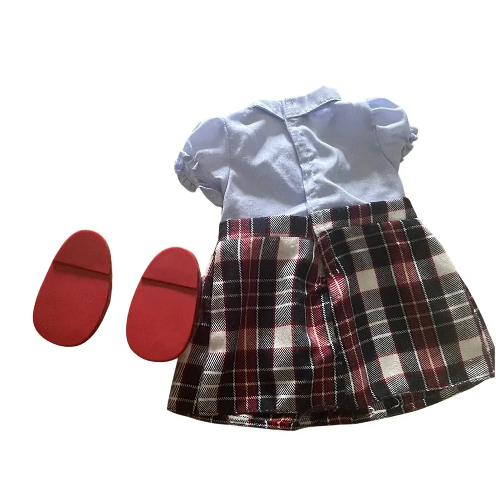 Our Generation 18 Inch Doll Outfit Plaid Skirt Blue Shirt Red Mary Jane Shoes